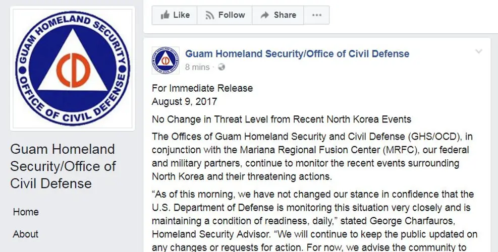 No Change in Threat Level from Recent North Korea Events