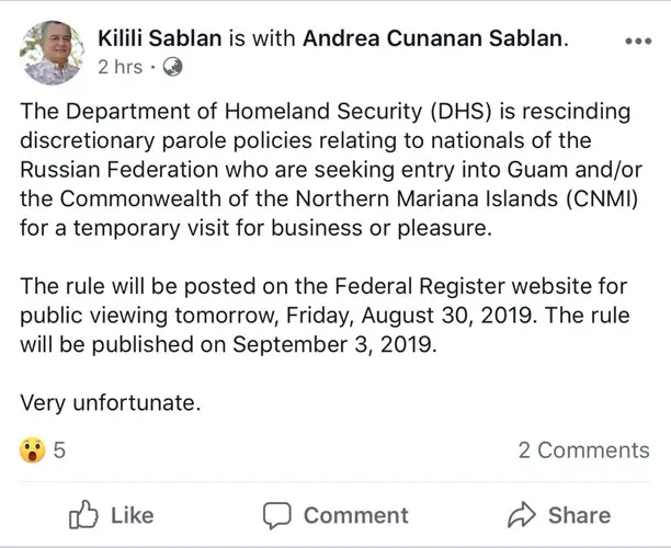 Saipan delegate announces federal halt on Russian visitors