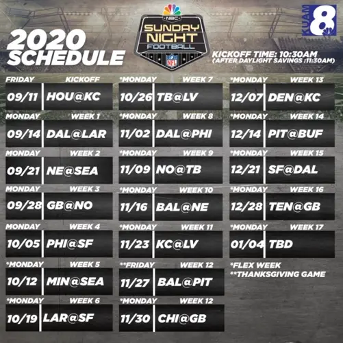 2020 Sunday Night Football NFL Season Schedule