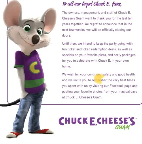 After a decade on Guam, Chuck E. Cheese closing for good
