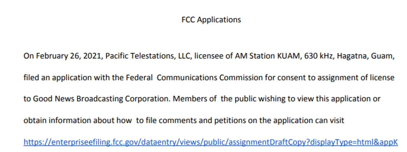 FCC applications - local notice of filing March 3, 2021)