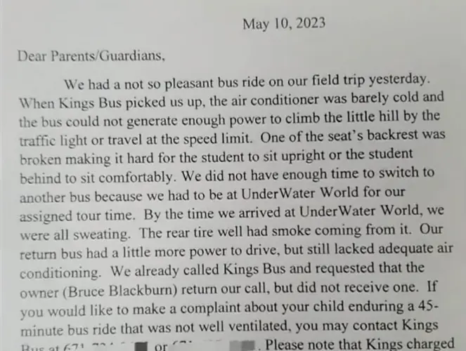 Teachers send home letter about riding a 'health hazard' on field trip