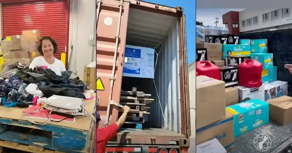 Containers filled with typhoon relief supplies, messages of love