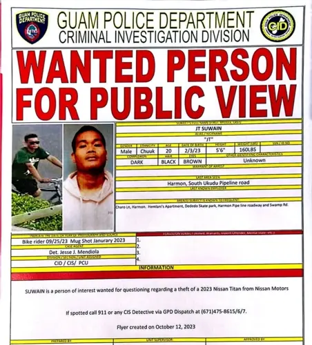 JT Suwain wanted for questioning in pickup theft