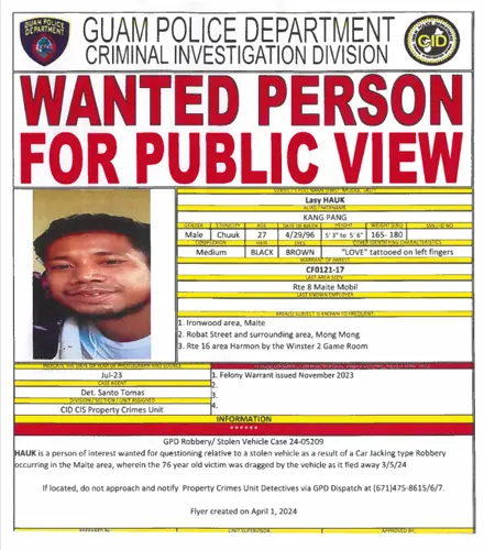 Suspect wanted in Maite carjacking