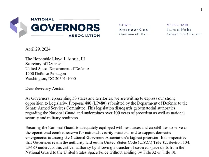 National Governors Association writes to Department of Defense calling for immediate discontinuation of Legislative Proposal 480