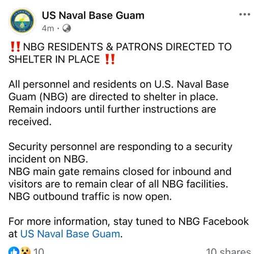 Naval Base Guam on lockdown, patrons directed to shelter in place
