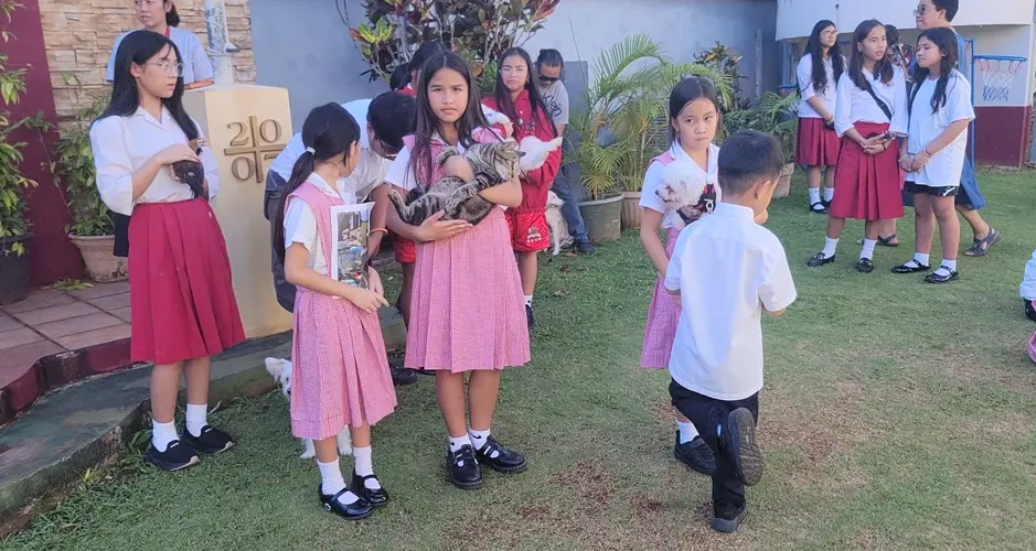 Dogs, cats, chickens and turtle blessed at Santa Barbara Catholic School