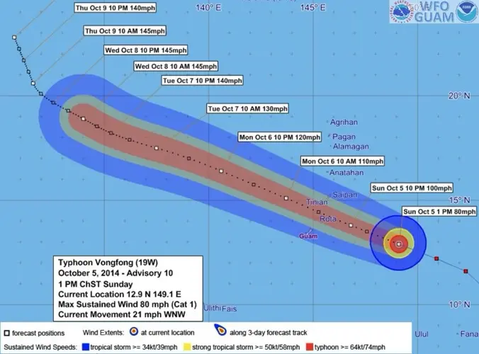 Vongfong's closest point of approach is 5am Monday