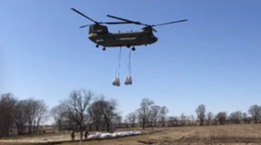 Chinook helicopters assist sandbagging operation at Cooper Nuclear Plant