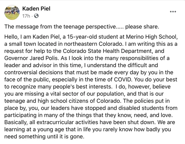Northeast Colorado teen authors letter to state leaders advocating for return to sports, clubs