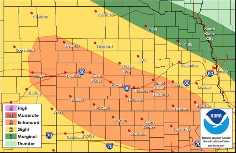 Central Nebraska in enhanced risk zone for severe weather Tuesday night