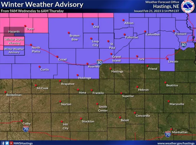 El aviso de clima invernal ahora incluye los condados de Buffalo, Kearney, Phelps, Hall y Hamilton