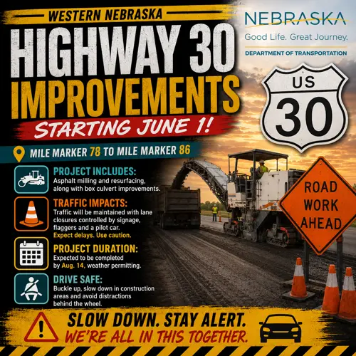 Road work project set to begin June 1 on U.S. Highway 30 in western Nebraska