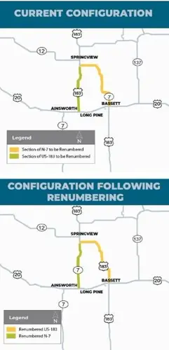 Roads renumbered near Bassett, Springview, Ainsworth