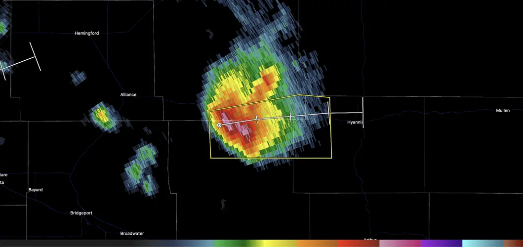 Severe thunderstorm warning issued east of Alliance; 60 mph winds, hail possible